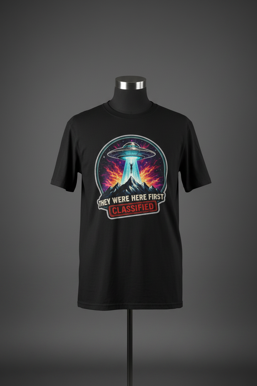 Front view of black Exoticool They Were Here First Vintage UFO Graphic Tee on mannequin featuring cinematic UFO, mountain scene and “They Were Here First. Classified.” front artwork