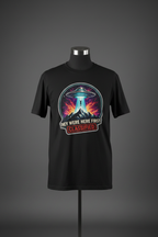 Front view of black Exoticool They Were Here First Vintage UFO Graphic Tee on mannequin featuring cinematic UFO, mountain scene and “They Were Here First. Classified.” front artwork