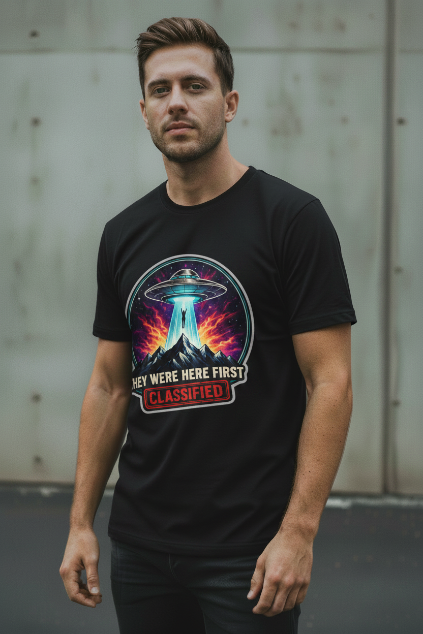Male model wearing black Exoticool They Were Here First Vintage UFO Graphic Tee with cinematic UFO and “They Were Here First. Classified.” artwork in an urban setting