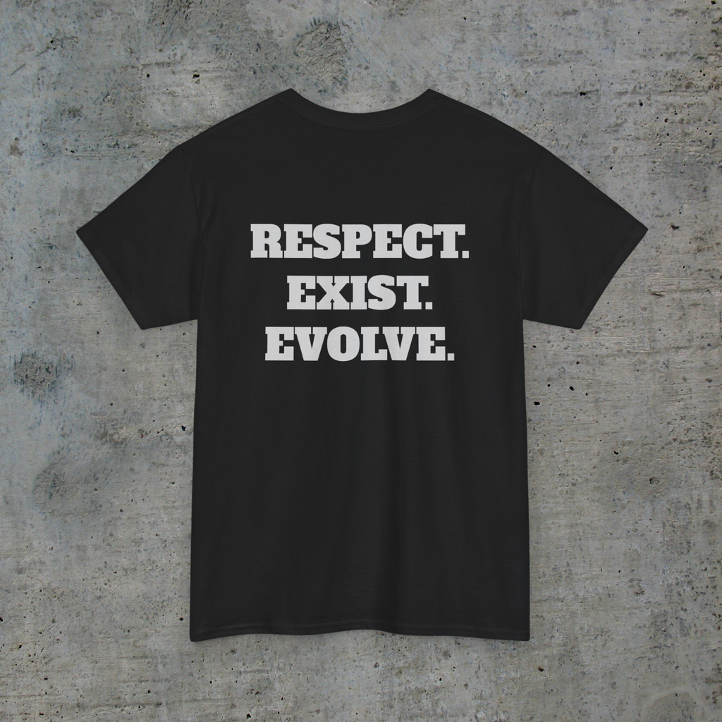 Back of black trans rights graphic tee reading Respect Exist Evolve