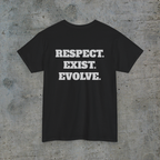 Back of black trans rights graphic tee reading Respect Exist Evolve