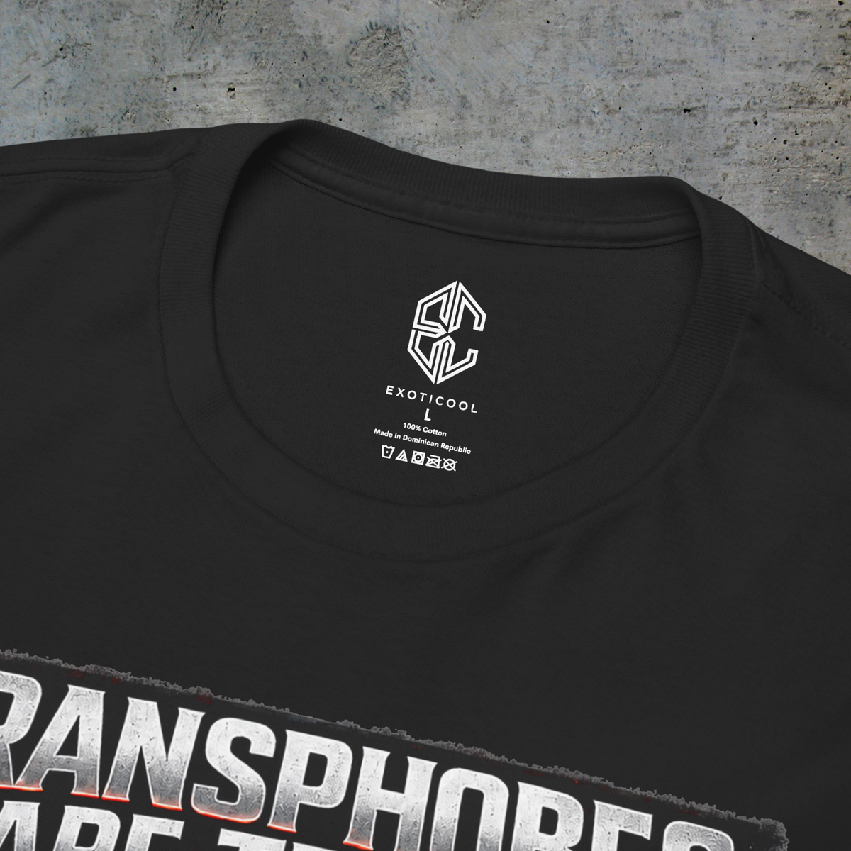 Close-up of the Exoticool printed neck label and collar on the black trans rights graphic tee