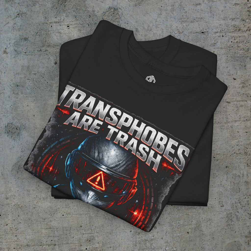 Folded black Transphobes Are Trash tee showing the front artwork and Exoticool printed neck label