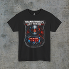 Front view of black Transphobes Are Trash trans rights graphic tee on a light-gray concrete background