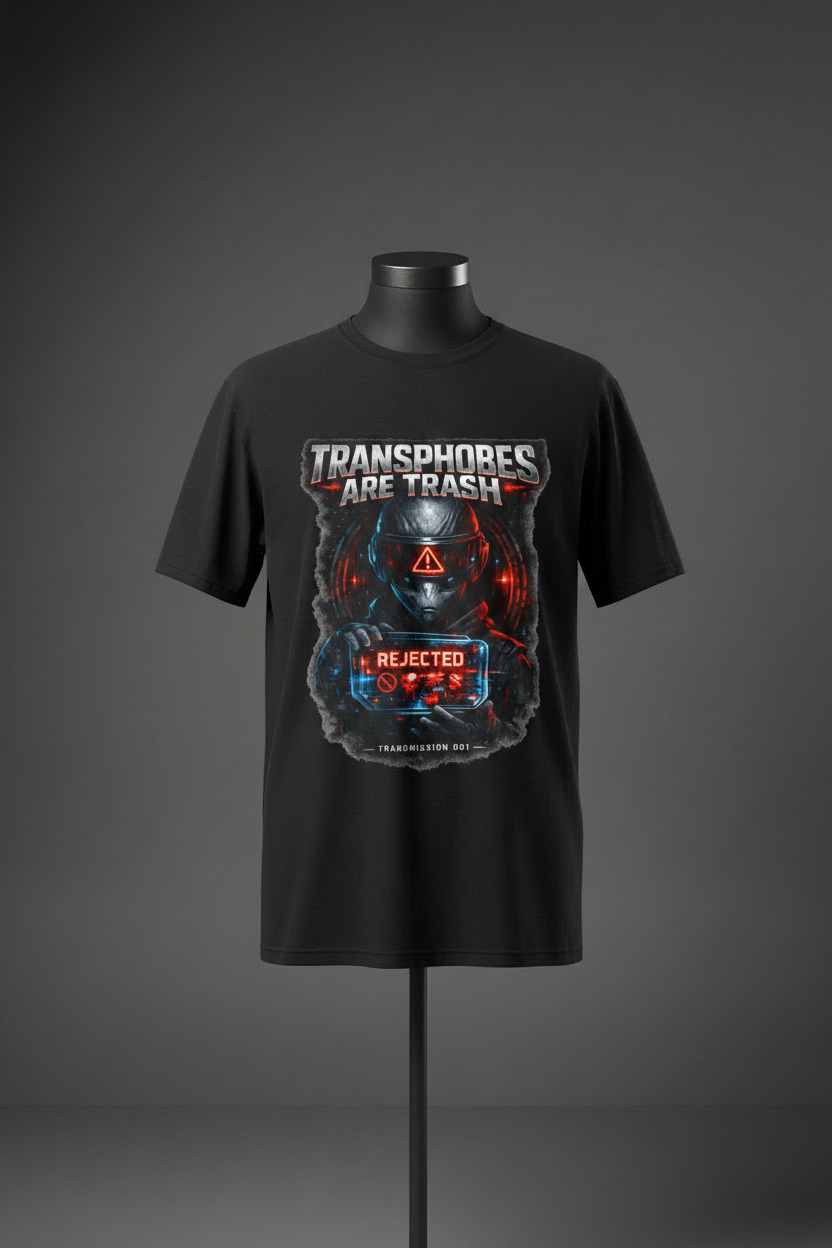 Front view of black Exoticool Transphobes Are Trash Trans Rights Graphic Tee on mannequin featuring bold “Transphobes Are Trash” statement graphic