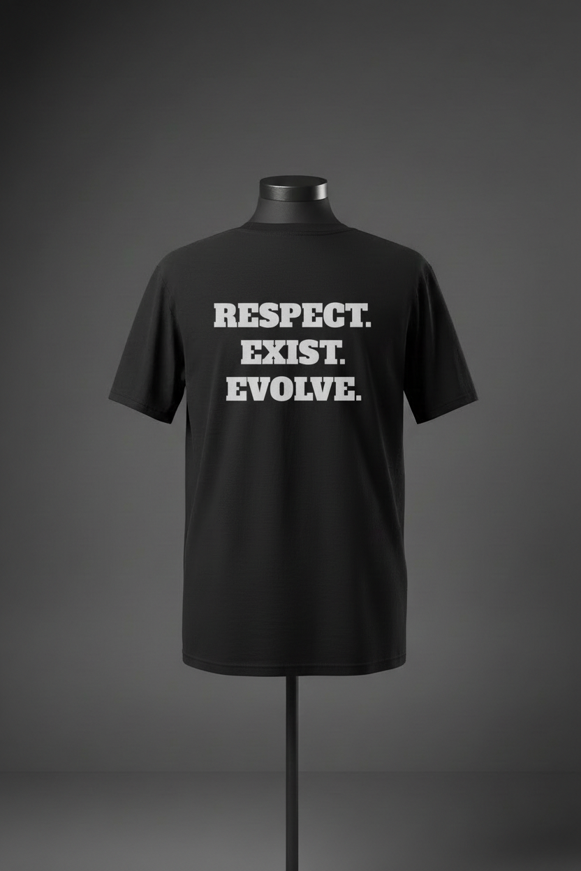 Back view of black Exoticool Transphobes Are Trash Tee on mannequin featuring “Respect. Exist. Evolve.” statement graphic