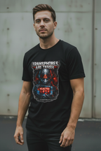 Male model wearing black Exoticool Transphobes Are Trash Trans Rights Graphic Tee with bold front statement graphic in an urban setting