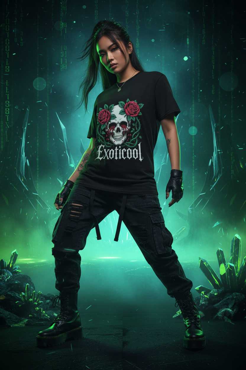 -Exoticool System Glitch skull roses tee cinematic editorial — tattooed woman in glowing green crystal alien landscape — futuristic gothic streetwear limited drop-