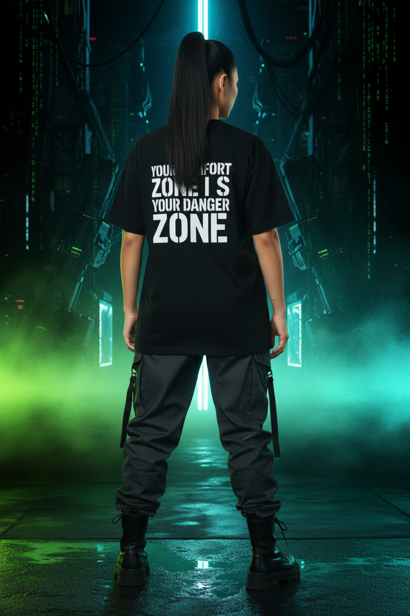 -Exoticool System Glitch tee back view — Your Comfort Zone Is Your Danger Zone text — Asian woman in neon-lit cyberpunk corridor — dark aesthetic rebellion streetwear-
