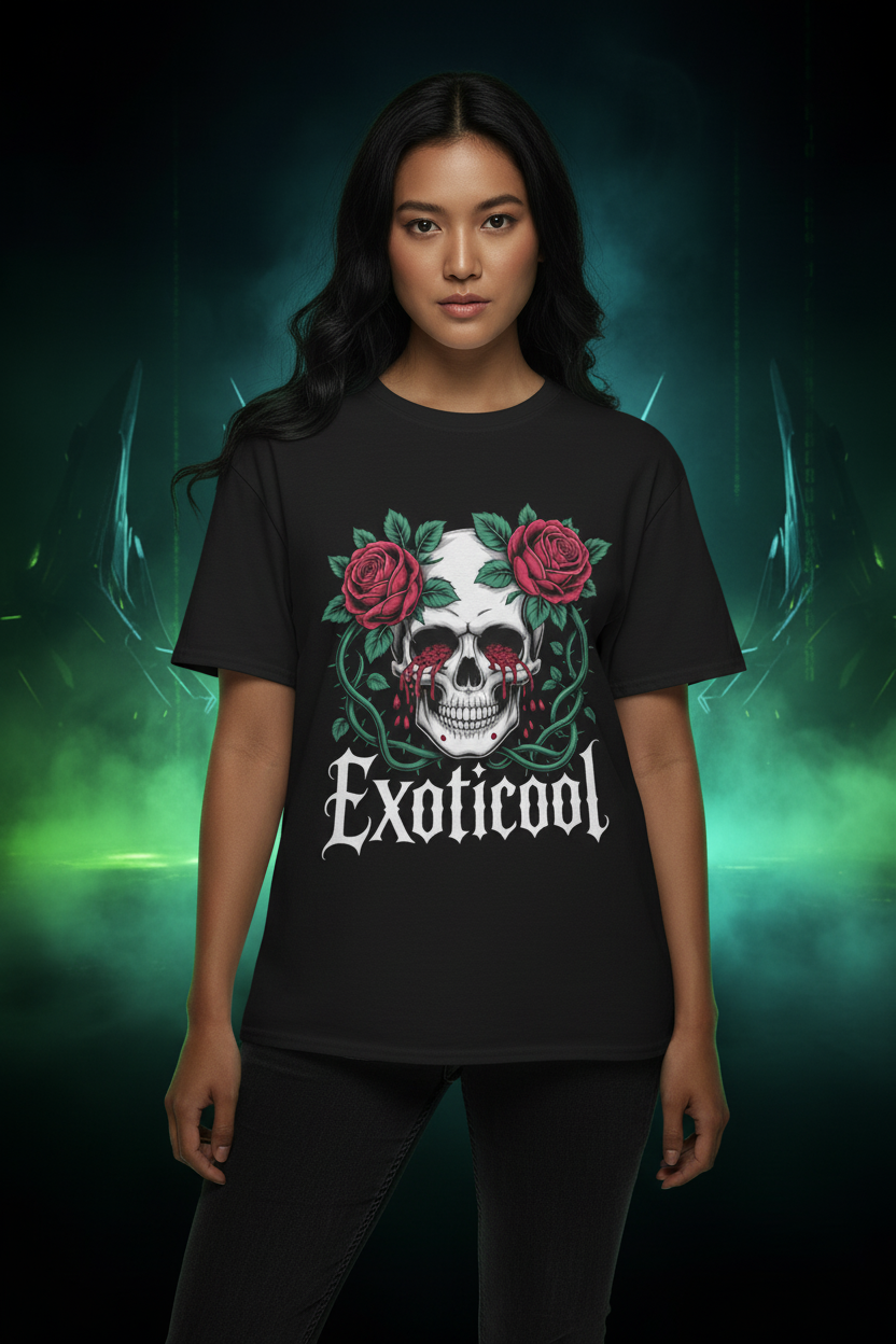 -Exoticool System Glitch skull roses graphic tee front view — Asian woman in green-lit alien environment wearing dark streetwear — gothic cyberpunk tee by Exoticool-
