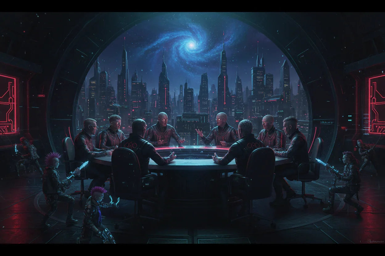 Cyberpunk council meeting in futuristic cityscape with neon lights and galaxy skyline
