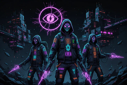Futuristic cyberpunk warriors with glowing masks and neon weapons in a dark digital cityscape