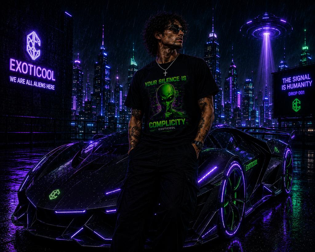Model wearing the Your Silence Is Complicity tee beneath a UFO in a rainy city.