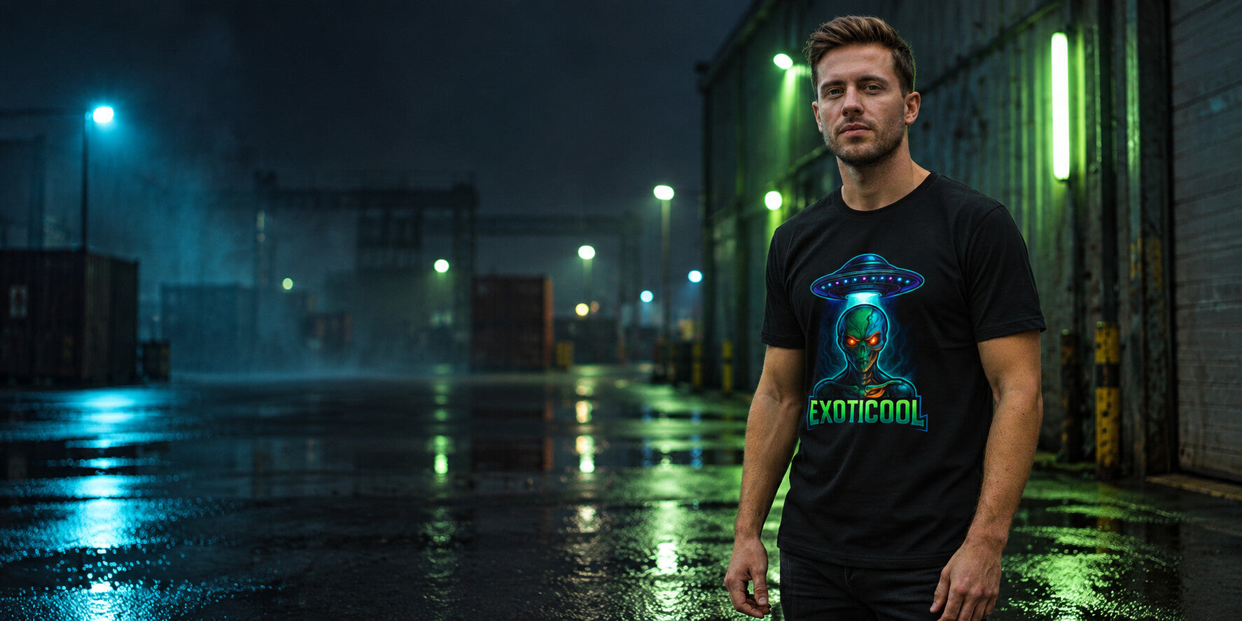 Models wearing original Exoticool Drop 001 alien graphic tees
