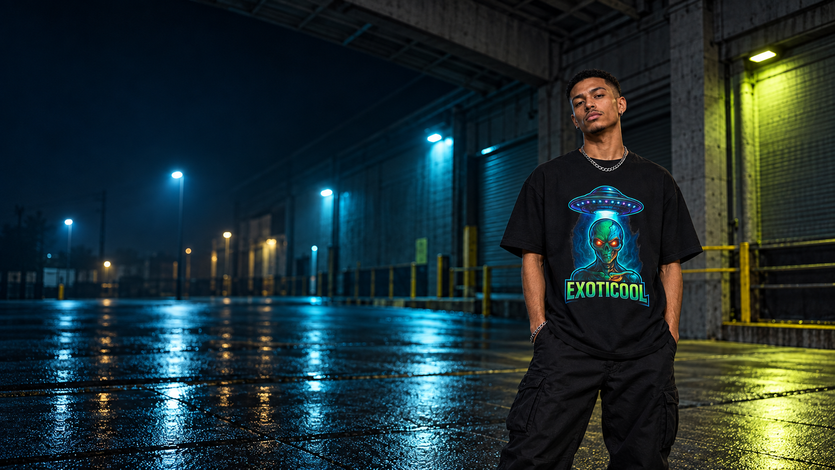 Model wearing the black Exoticool Alien Signal graphic tee in a cinematic nighttime setting